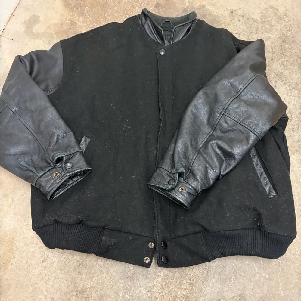 Vintage landmark genuine leather wool lined varsity jacket Black‎ Leather Sleeve